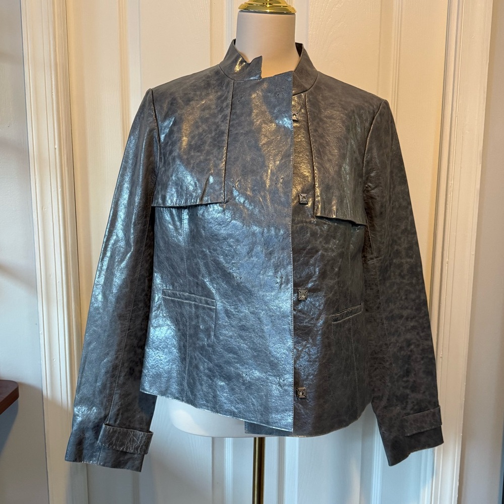 Per Se Shimmering Silver Leather Jacket
